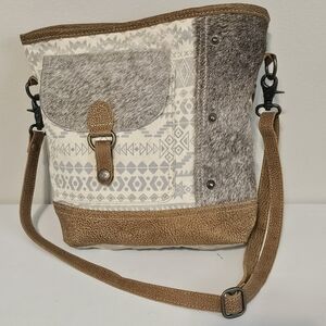 Myra Bag Tribal Western Style Leather Cow Hide Flap Pocket Canvas Crossbody Bag